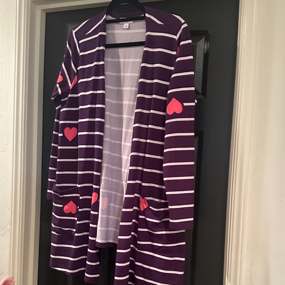 Lularoe Purple Striped Cardigan with Pink Heart Accents